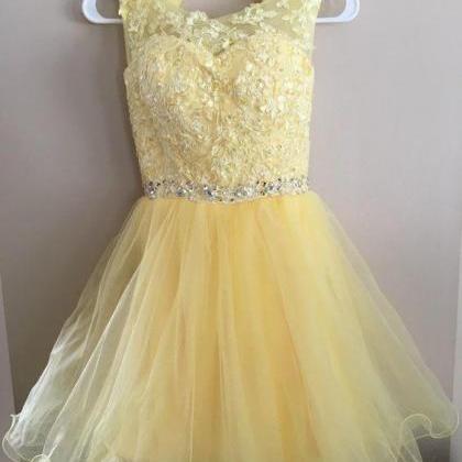 Yellow Tulle Lace Homecoming Dresses, Sleeveless..