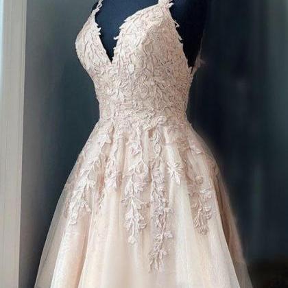 Blush Pink Lace Appliqués Tulle V Neck Homecoming..