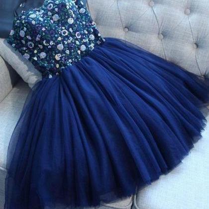 Cute Blue Tulle Sequins Prom Dress, Homecoming..