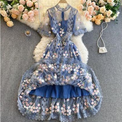 Royal Blue Floral Mesh Embroidery Dress. A-line..
