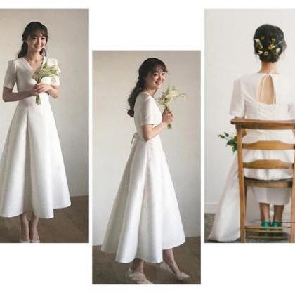 Simple Wedding Dress Satin Tea Length Short Sleeve..