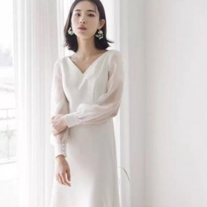 Simple Wedding Dress Illusion Long Sleeves V Neck..