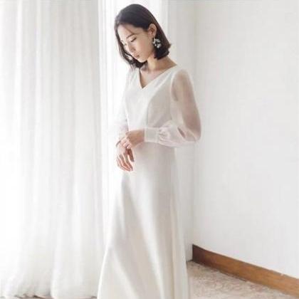 Simple Wedding Dress Illusion Long Sleeves V Neck..
