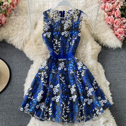 Blue Lace Applique Short Dress Fashion..