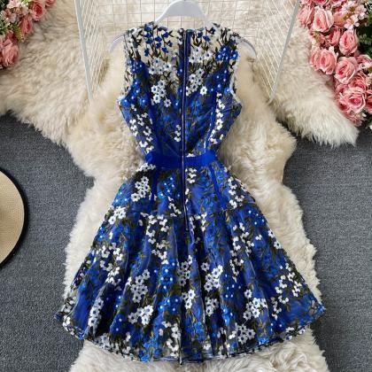 Blue Lace Applique Short Dress Fashion..