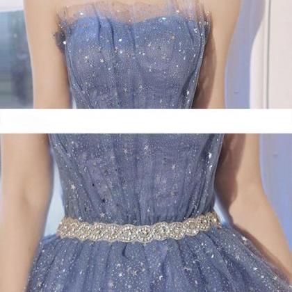 Blue Tulle Sequin Short Prom Dress Blue Formal..
