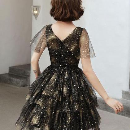 Black V Neck Tulle Sequin Short Prom Dress, Black..