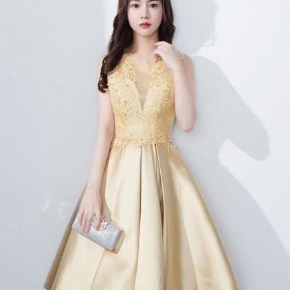 Cute Round Neck Lace Satin Short Prom Dress, Lace..