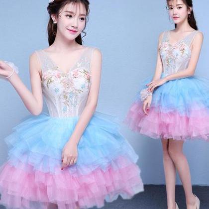 Cute V Neck Blue And Pink Short Prom Dress, Sweet..