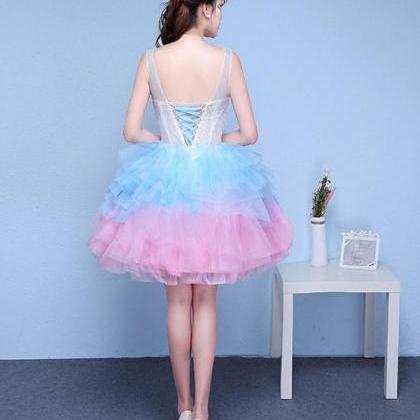 Cute V Neck Blue And Pink Short Prom Dress, Sweet..