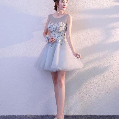 Gray Round Neck Tulle Short Prom Dress, Formal..
