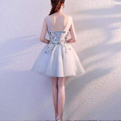 Gray Round Neck Tulle Short Prom Dress, Formal..