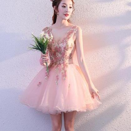 Pink V Neck Tulle Short Prom Dress, Homecoming..