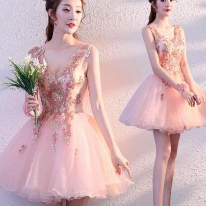 Pink V Neck Tulle Short Prom Dress, Homecoming..