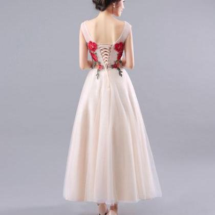 Champagne Tulle Tea Length Prom Dress, Lace..