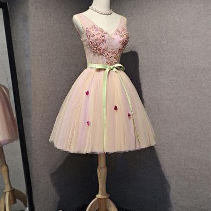 High Quality Pink V Neck Tulle Short Prom Dress,..
