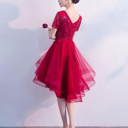 Burgundy V Neck Tulle Lace Short Prom Dress,..