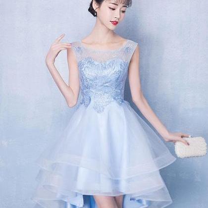 Blue Tulle High Low Lace Prom Dress, Blue Tulle..