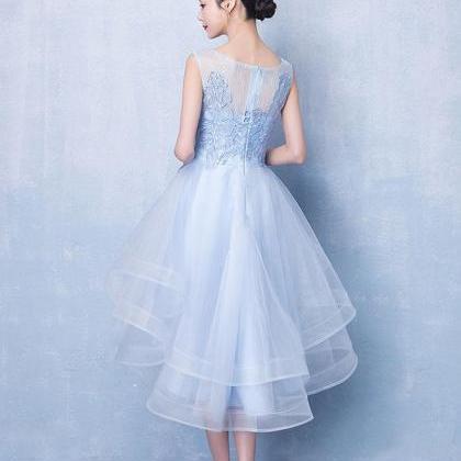 Blue Tulle High Low Lace Prom Dress, Blue Tulle..