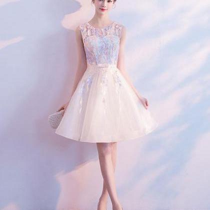 Light Champagne Tulle Lace Short Prom Dress, Tulle..