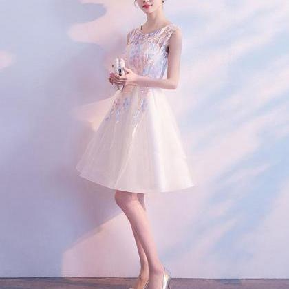 Light Champagne Tulle Lace Short Prom Dress, Tulle..