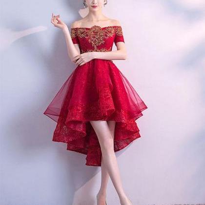 Burgundy Tulle Lace High Low Prom Dress, Burgundy..