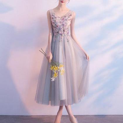 Cute V Neck Lace Applique Prom Dress, Evening..