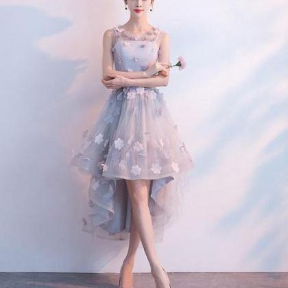 Gray Round Neck Tulle High Low Prom Dress, Gray..