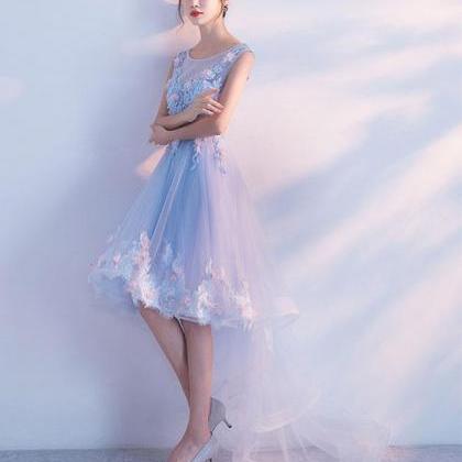 Light Blue Lace High Low Prom Dress, Homecoming..