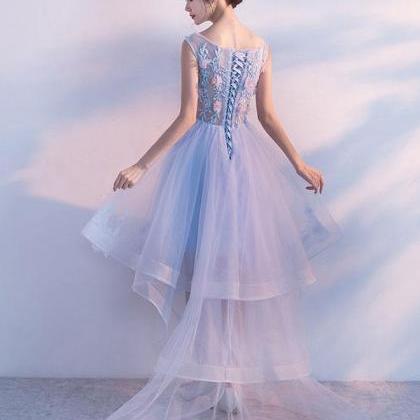 Light Blue Lace High Low Prom Dress, Homecoming..