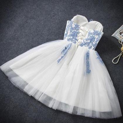 Charming Blue Sweetheart Neck Tulle Appliques A Line Short Homecoming Dress Birthday Outfits Y9295 main image 1