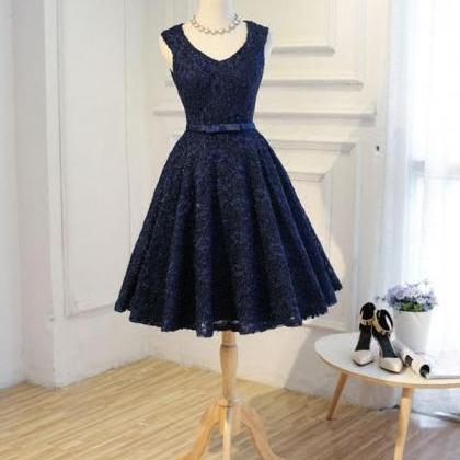 Dark Blue Lace Short Prom Dress, Blue Homecoming..