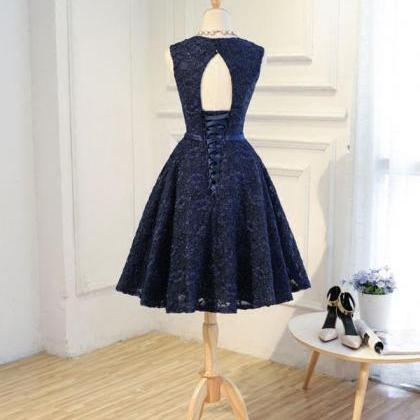Dark Blue Lace Short Prom Dress, Blue Homecoming..
