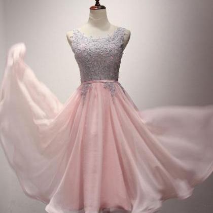 Pink Tulle Lace A Line Tea Length Prom Dress, Pink..