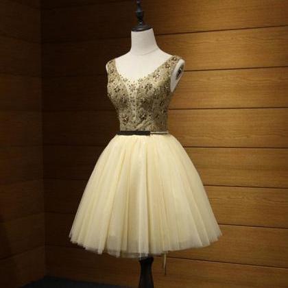 Cute Gold Tulle Lace Short Prom Dress, Cute..
