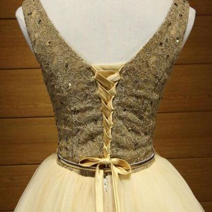 Cute Gold Tulle Lace Short Prom Dress, Cute..