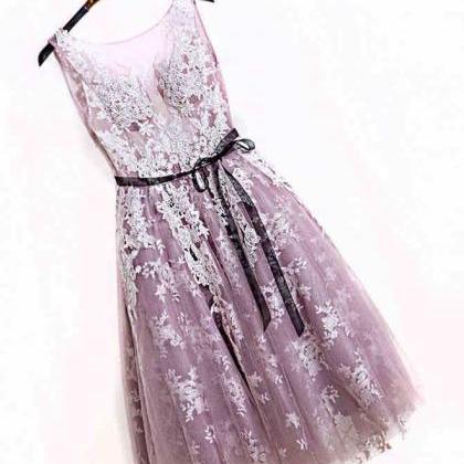 Cute Pink Lace Short Prom Dress, Pink Evening..