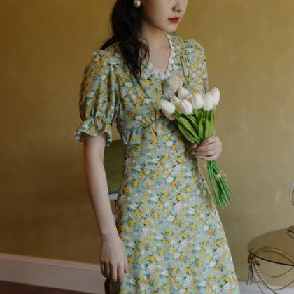 French Vintage Dress-summer Floral Dress-spring..