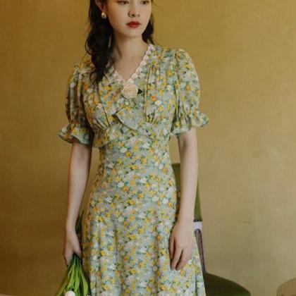 French Vintage Dress-summer Floral Dress-spring..