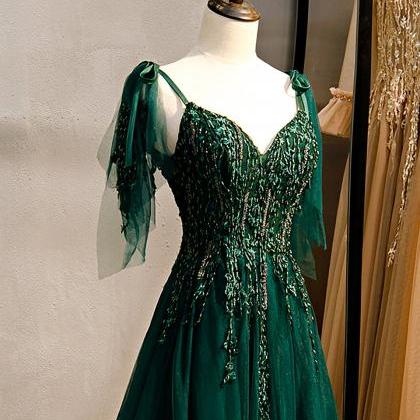 Emerald Green Spaghetti Straps Prom Dress Shinny..