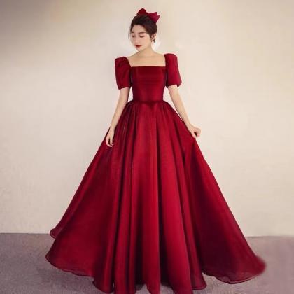 French Satin Red Dress, Style, Princess Ball Gown..