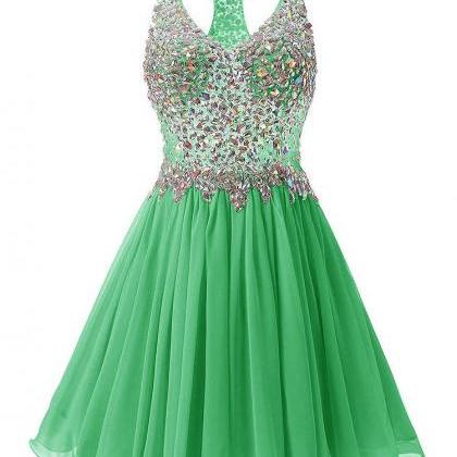 V Neck Short Sparkle Homecoming Dresses With Beads..