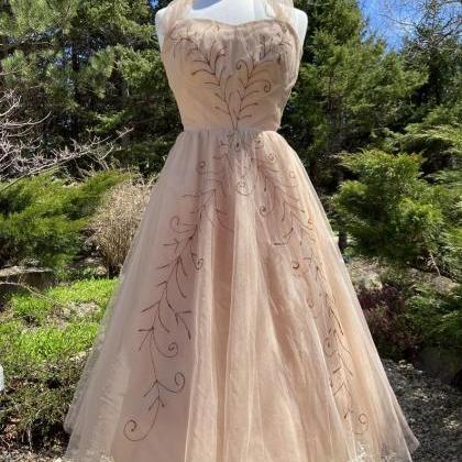 Vintage 1950s Hand Painted Taupe Prom Dress,pl4776