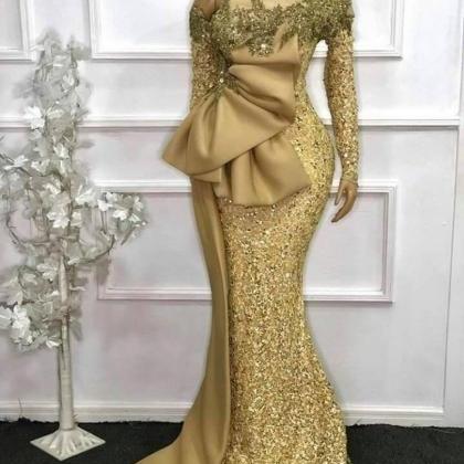 Long Fitted Gold Sequins Dress, Wedding Reception..