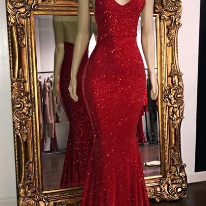 hhdy518 Elegant Red Gold Applique Mermaid Red Fishtail Prom Dress with V-Neck and Long Sleeves for Special Occasions - Robe de Soiree287r