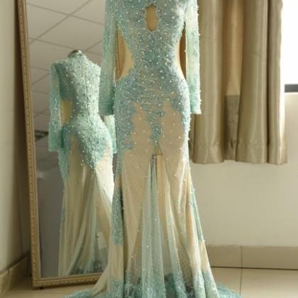 High Neck Long Sleeves Lace Mermaid Prom Dresses..