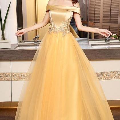 Beautiful Gold Off Shoulder Long Tulle Junior Prom..