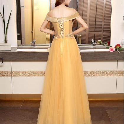 Beautiful Gold Off Shoulder Long Tulle Junior Prom..