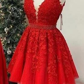 V-neck Short Prom Dress With Appliques And Beading..