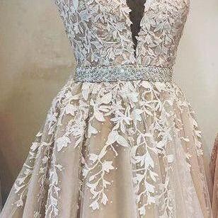 V-neck Short Prom Dress With Appliques And Beading..
